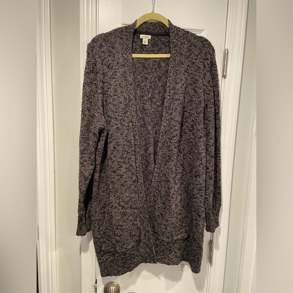 L.L. Bean Size 1X Black Gray 100% Cotton Open Front Long Cardigan Pockets - Picture 1 of 12